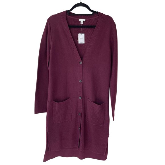 J Jill Womens Long Button Cardigan Ribbed With Pockets Burgundy Size M NWT - Picture 1 of 9